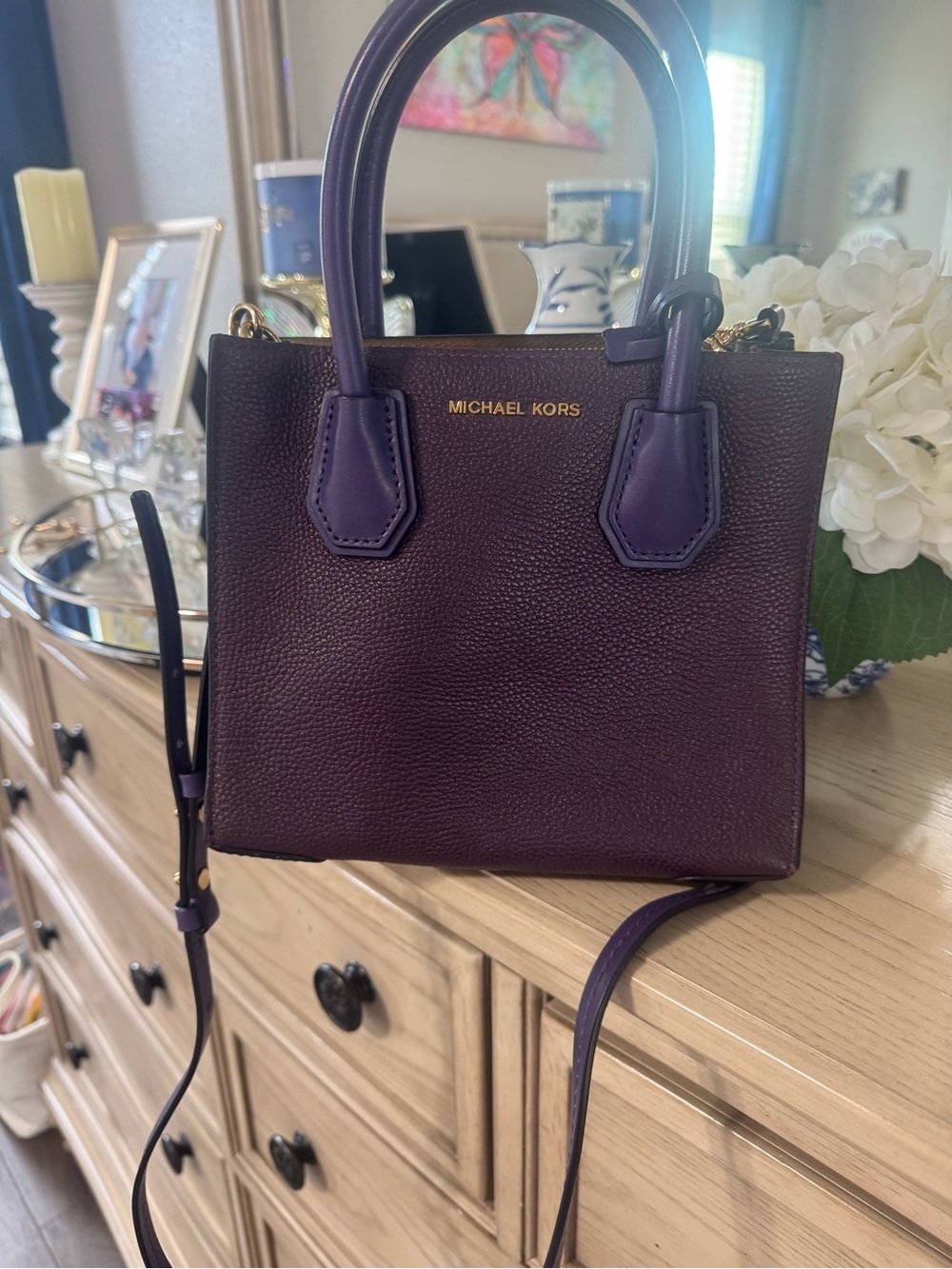 Michael Kors Purple Leather Satchel with Gold Logo